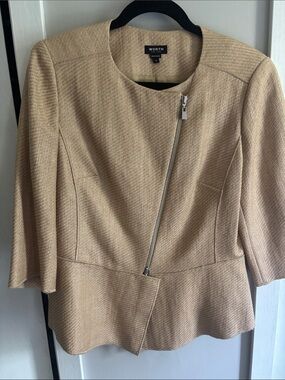 Worth Neutral Textured Asymmetric Zip Peplum Jacket